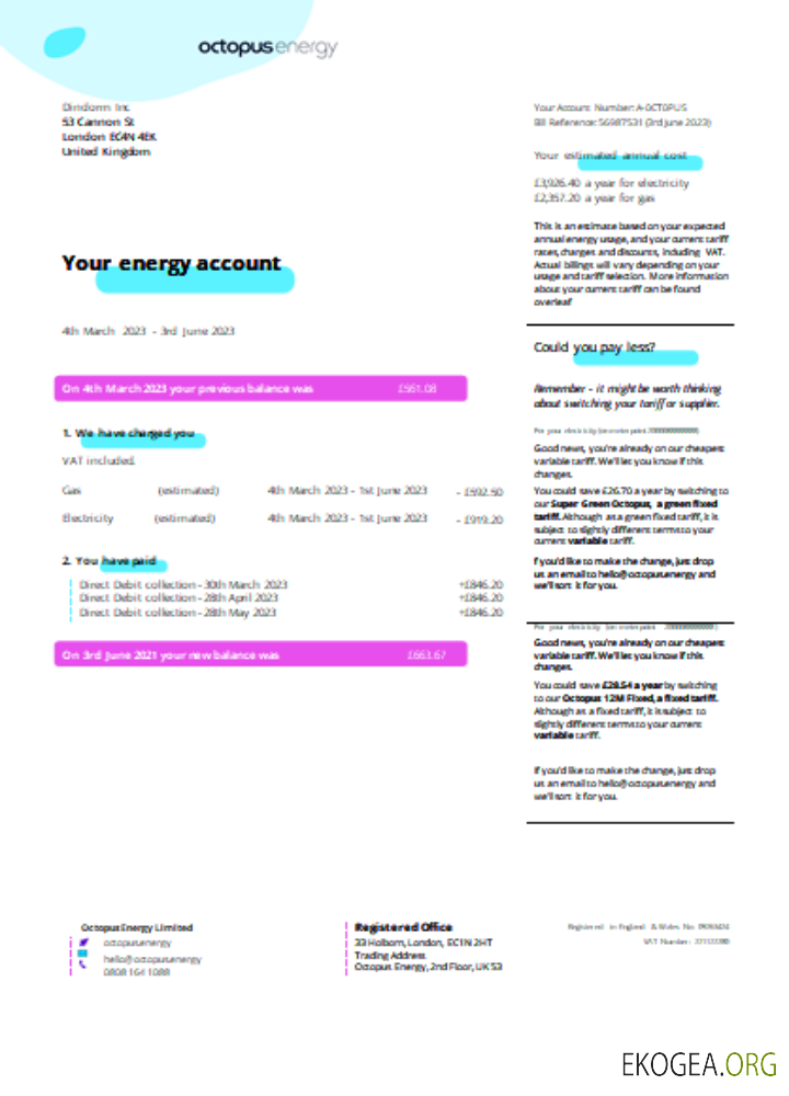 Facture commerciale du service public d'Octopus Energy SCR page 1